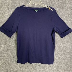 Lauren RL Knit Top Short Cuff Sleeve Women 1X Zipper Detail L. Shoulder Navy Blu
